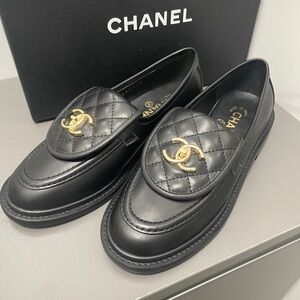 Chanel Black Leather Loafers with Gold Accent